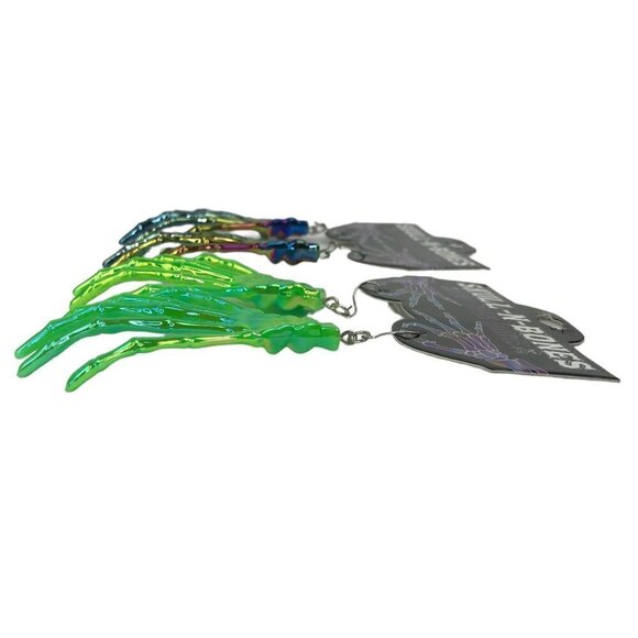 2 New Pair Skull N Bones Boney Fingers Dangle Earrings Hand Iridescent Halloween - Picture 5 of 6